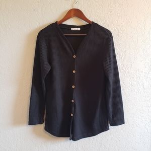 Black Waffle Knit Button Up Top
